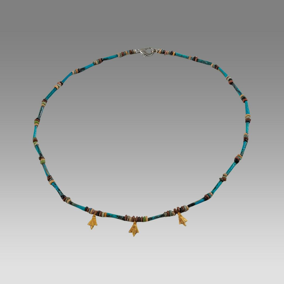 Ancient Egyptian Faience, Bead Necklace with Gold Bee Amulets c.300-50 BC. (1 of 1)