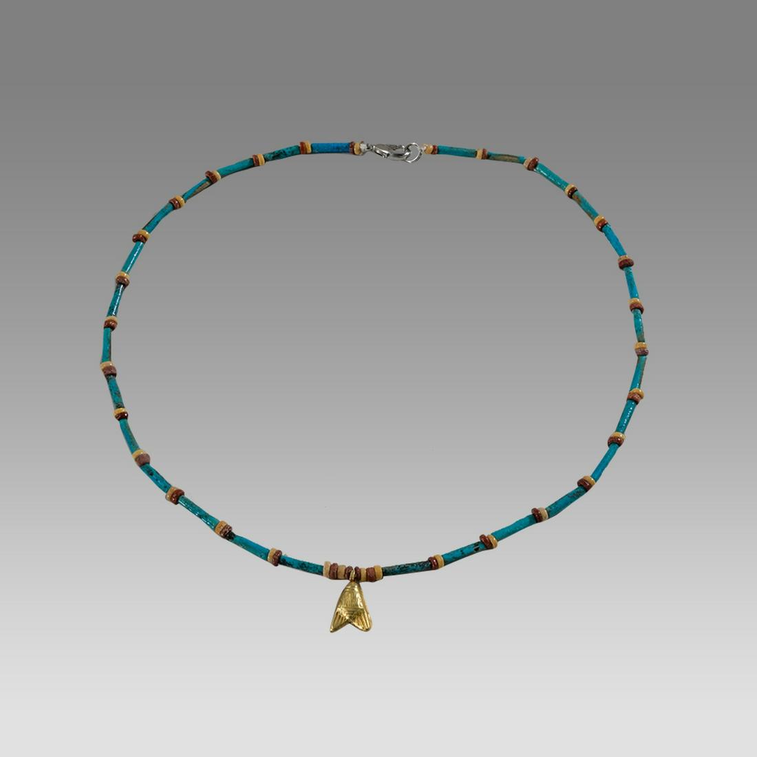 Ancient Egyptian Faience, Bead Necklace with Gold Bee Amulet c.300-50 BC. (1 of 1)