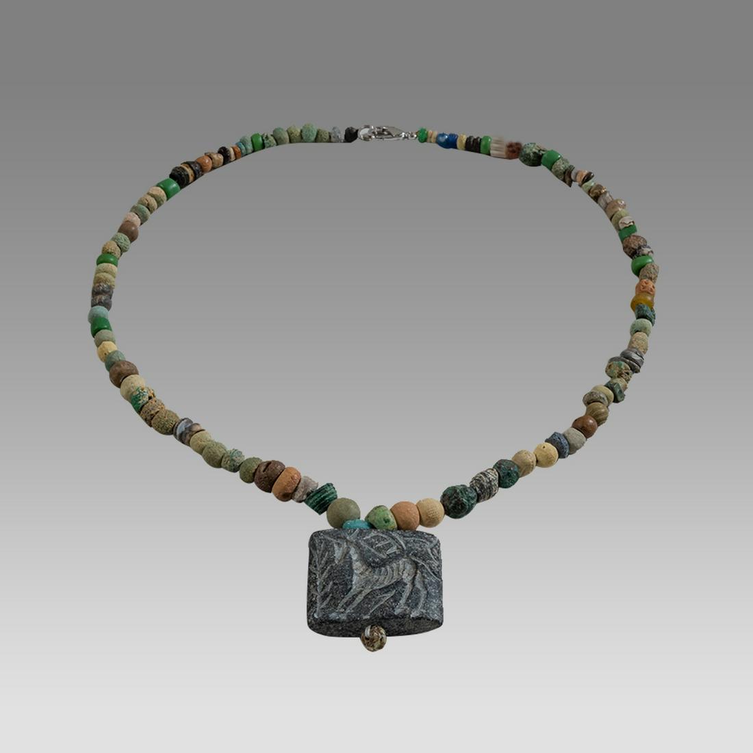 Ancient Roman Glass Bead Necklace with Mesopotamian Stone seal c.600 BC-200 AD. (1 of 1)