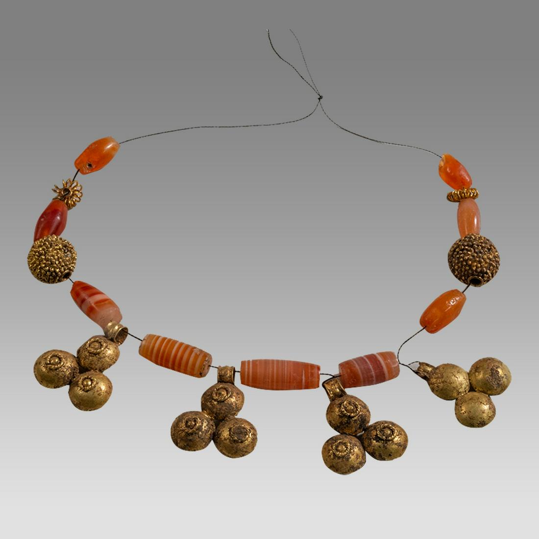 Ancient Near Eastern Bactrian Banded Agate Beads With Gold Ornaments Necklace c.2nd century BC. (1 of 1)
