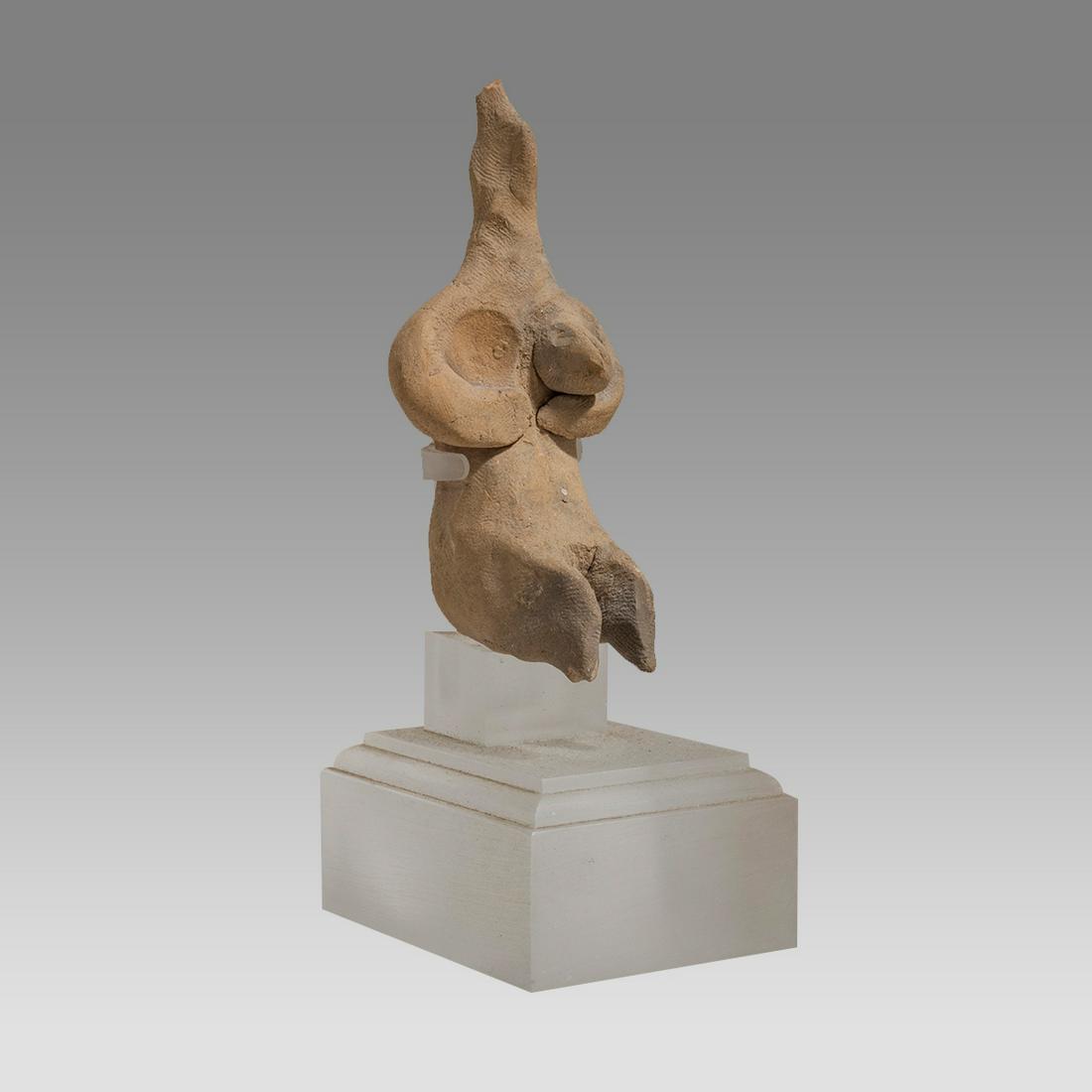 ANCIENT Tel Halaf Fertility Mother goddess ca. 6500-4500 BC.: ANCIENT Tel Halaf Fertility Mother goddess ca. 6500-4500 BC. Size 3 inches high + stand. A seated terracotta mother goddess with big breast and large thighs. Rare. Custom mounted. Provenance: From the