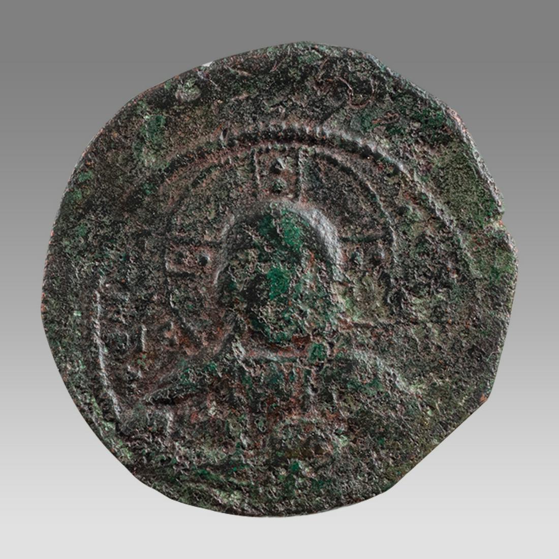 Ancient Byzantine Bronze anonymous follis with bust of Christ Basil II AD 995-1025. (1 of 2)