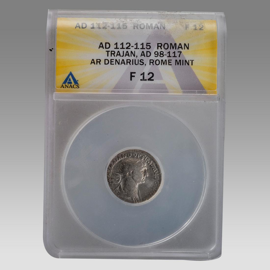 Ancient Roman Silver Denarius Trajan 104-107 AD. ANACS Certified. (1 of 2)