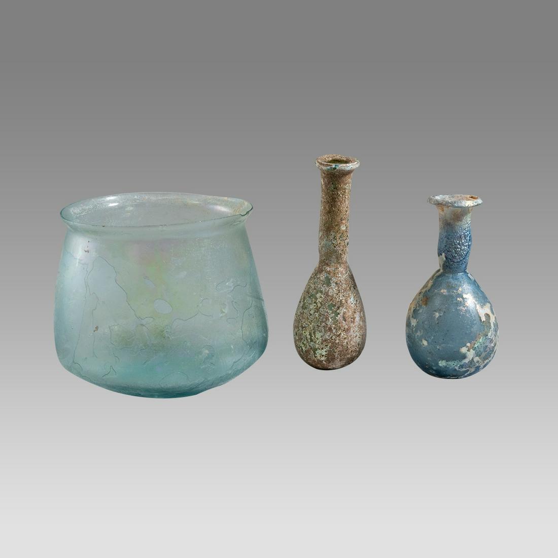 Lot of 3 Ancient Roman Glass Cup/Bottles c.2nd-3rd century AD. (1 of 2)