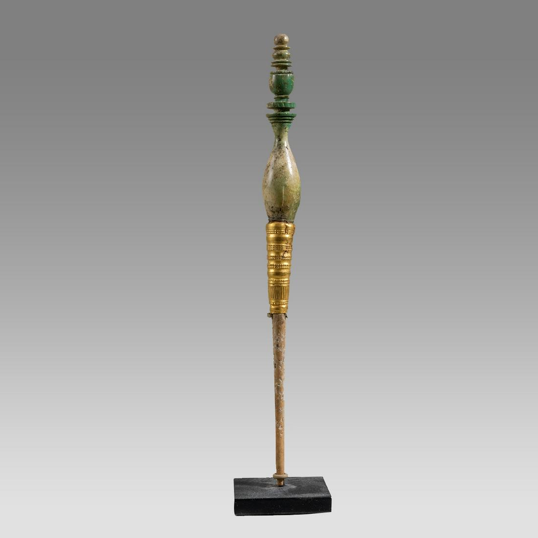 Ancient Roman Bone Hair Pin with Gold c.2nd century AD.: Ancient Roman Bone Hair Pin with Gold c.2nd century AD. Size 7 inches high + stand. Fine Ancient Roman carved bone hair pin with gold mount. Custom mounted. Provenance: Private NYC Dr Collection acqui