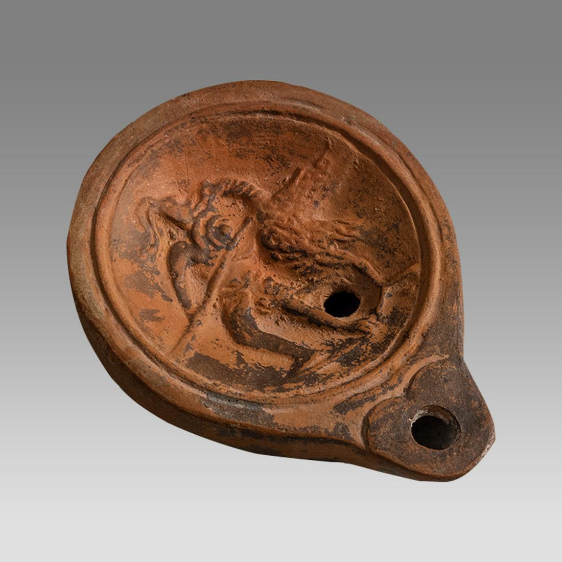 Ancient Roman Oil Lamp with Midget Fighting Crane c.2nd century AD. (1 of 2)