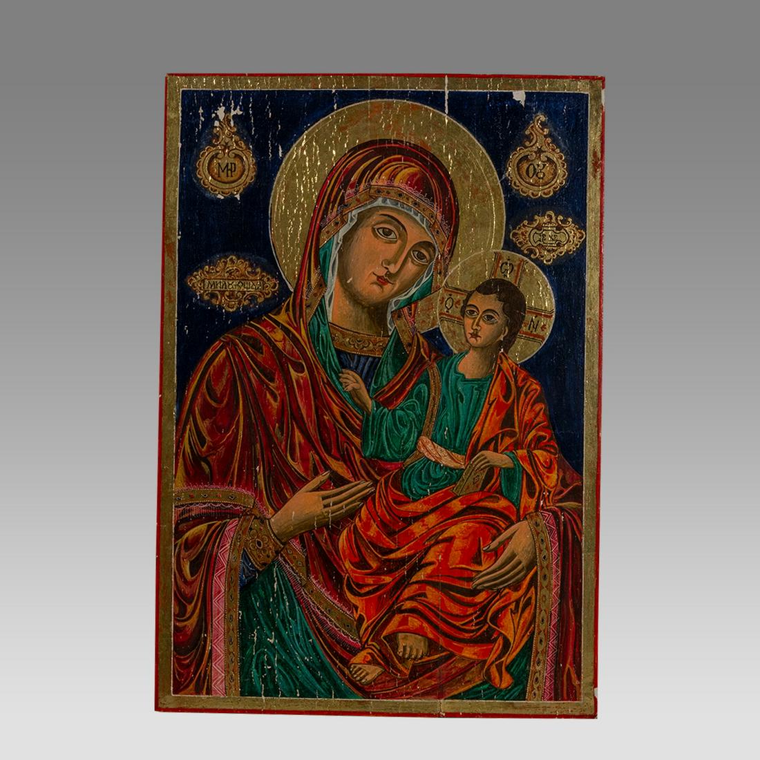 Large Russian Orthodox icon depicting Virgin Mary with baby Jesus in the Theotokos iconography (1 of 2)