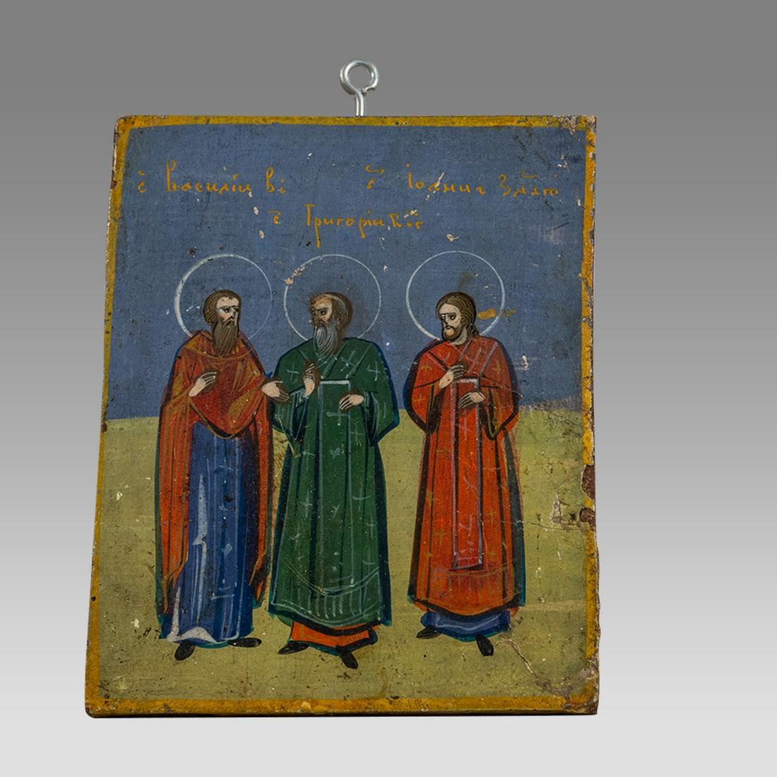 Russian Icon Painted WIth Three Saints. Size 4 3/8 x 3 1/2 inches. (1 of 2)