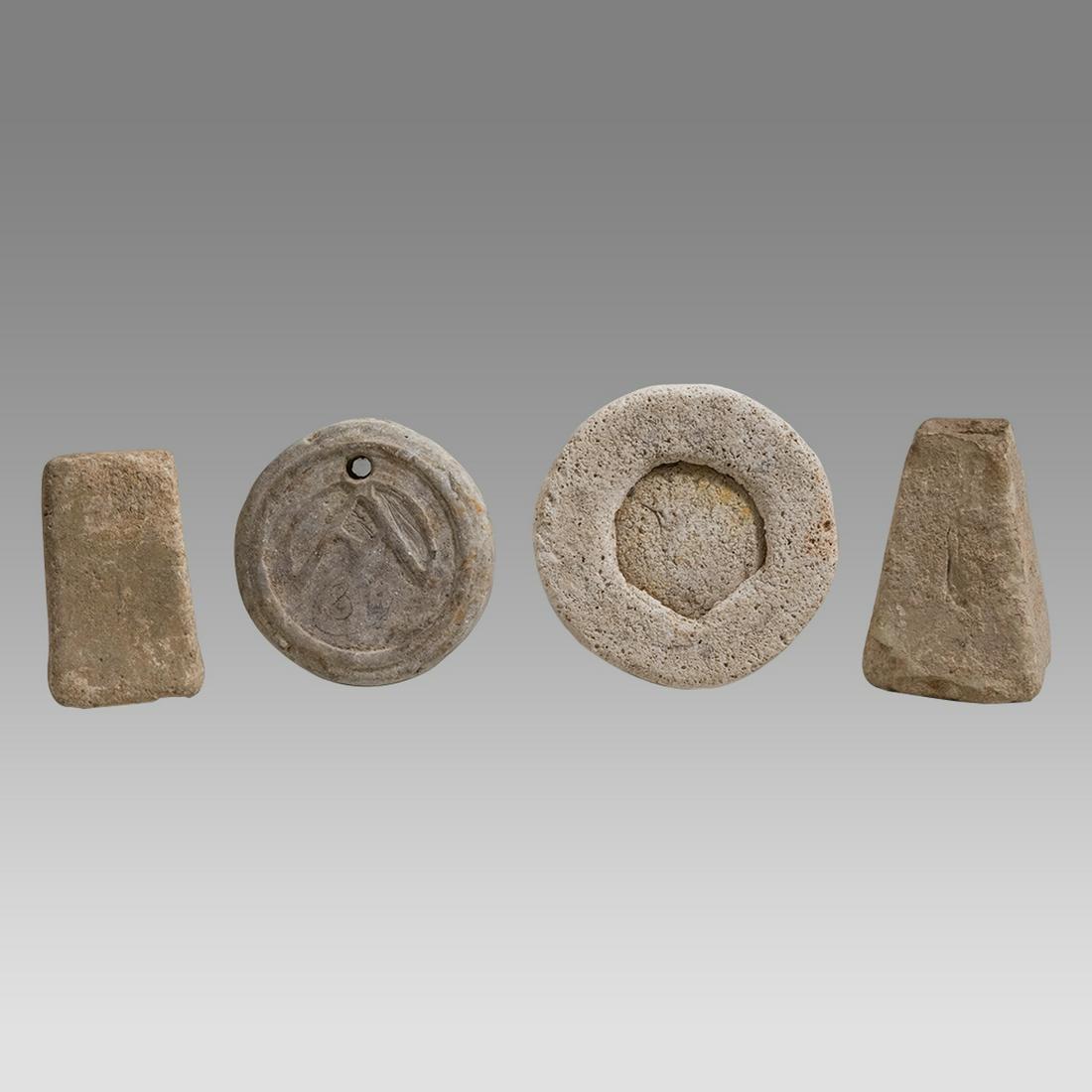 Lot of 3 Ancient Byzantine Mirror, Clay weights c.700-900 AD.: Lot of 3 Ancient Byzantine Mirror, Clay weights c.700-900 AD. Size 2 7/8 - 3 1/2 inches high. A byzantine mirror (missing glass in center) together with two Pottery weights and a Mexican clay stamp wi