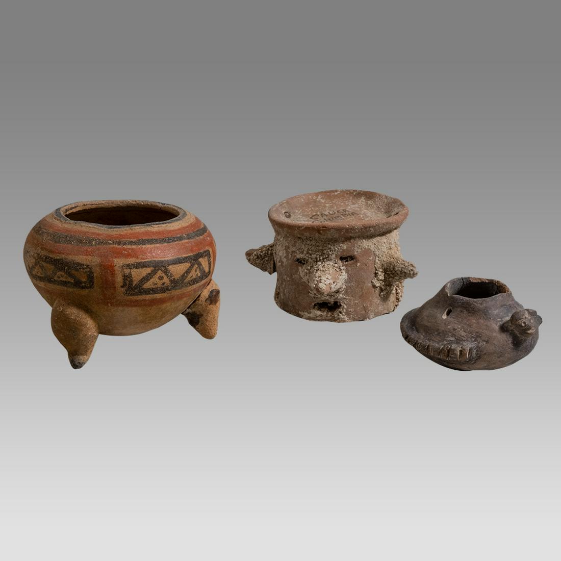 Lot of 3 Ancient Pre Columbian Pottery Vessels c.100 BC- 500 AD.: Lot of 3 Ancient Pre Columbian Pottery Vessels c.100 BC- 500 AD. Size 2 1/2 - 3 1/2 inches diameter. Nice lot of 2 pottery bowls, together with a sea salvage vessel with sea deposit. Provenance: Ex Dr