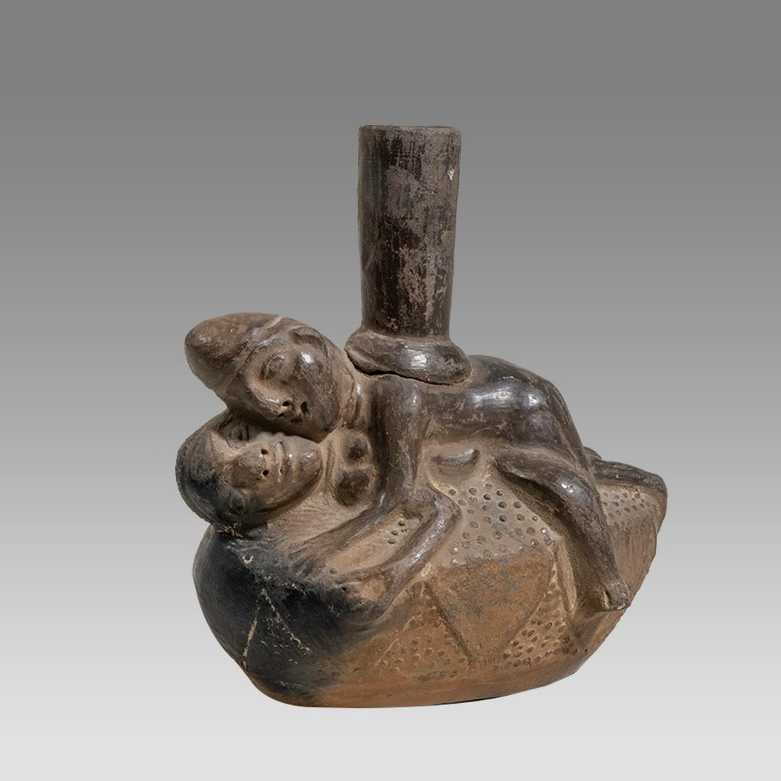 Pre Columbian, Chimu Style Erotic Blackware Vessel.: Pre Columbian, Chimu Style Erotic Blackware Vessel. Size 6 3/4 inches high.. Size 6 1/4 inches length. A modern not ancient erotic vessel. Provenance: Ex Dr Arnold R.Saslow South Orange NJ acquired in