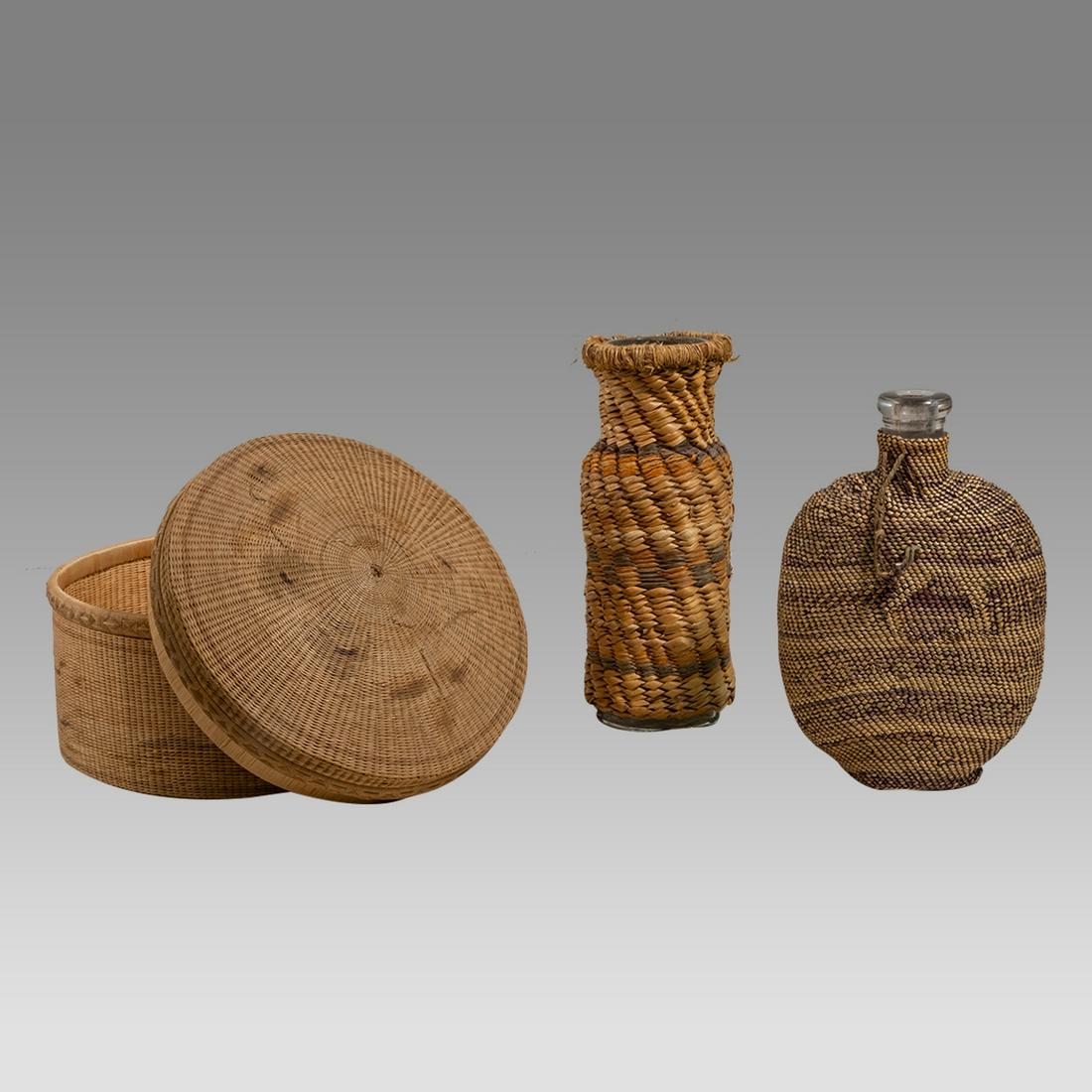 Lot of 3 Modern, Weave Basket and Bottles. (1 of 3)