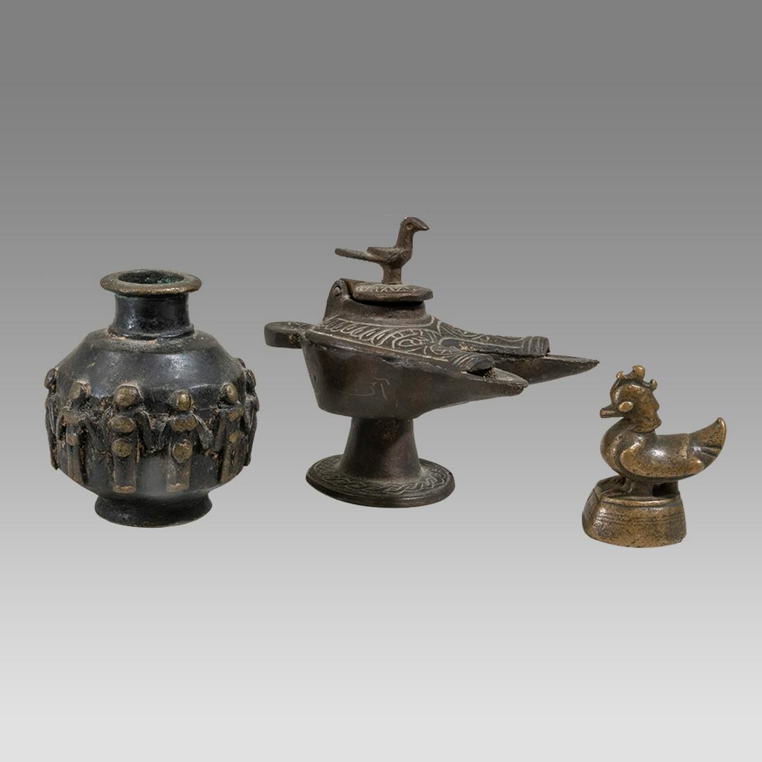 Lot of 3 Indian Bronze, Weight, Oil Lamp and Jar. (1 of 2)