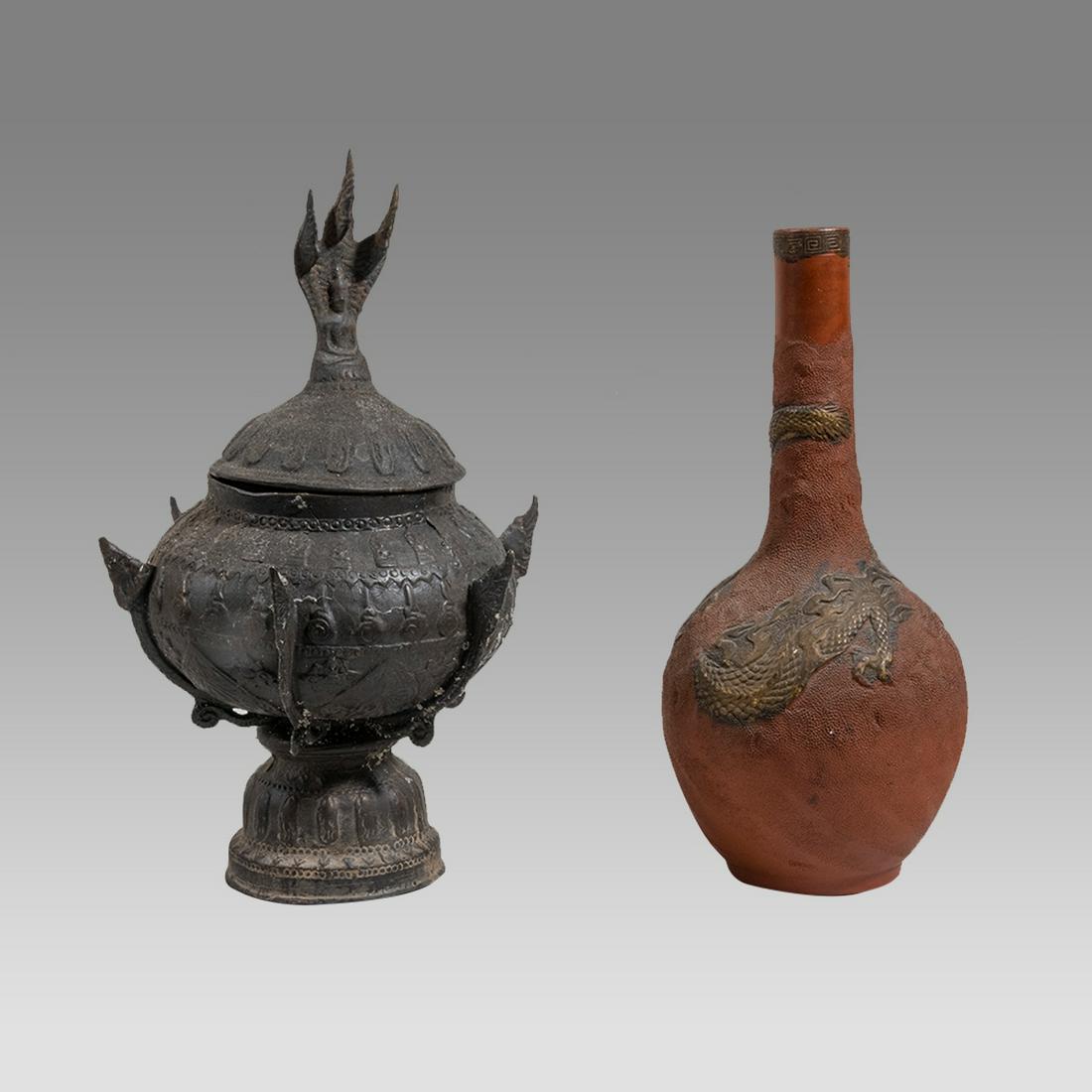 Vintage Thai Bronze Buddhist Offering Vessel, Japanese Tokonama Bottle. (1 of 3)