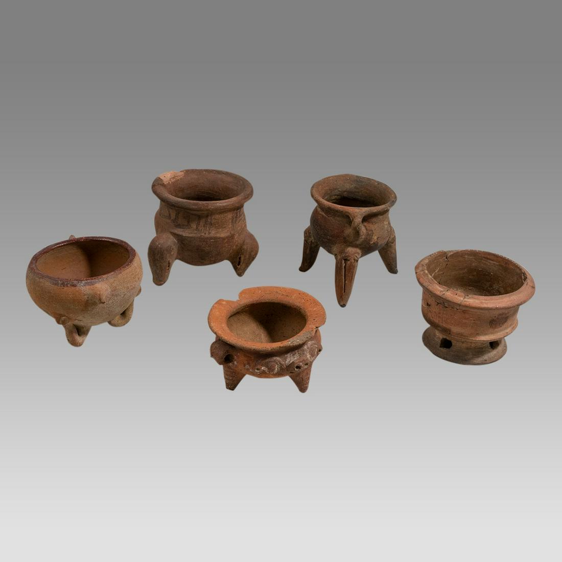 Lot of 5 Ancient Pre Columbian Tripod Pottery Vessels Ca. 500-1100 A.D. (1 of 2)