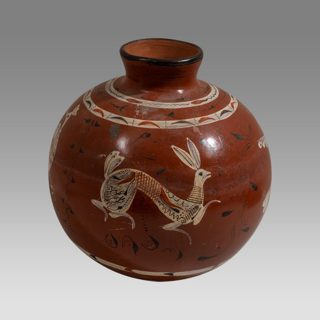 Large Vintage North American Red Pottery Decorated Vessel with Birds, Rabbits. (1 of 5)