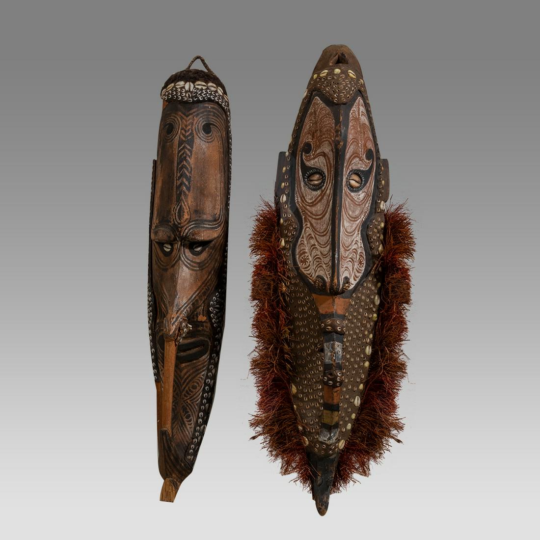 Lot of 2 Large New Guinea, Shell Mounted, painted Wood Masks. (1 of 2)