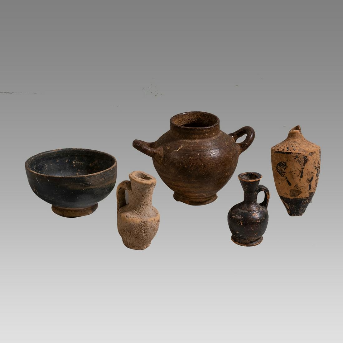 Lot of 5 Ancient South Italian Greek Blackware Vessels c.4th century BC. (1 of 2)