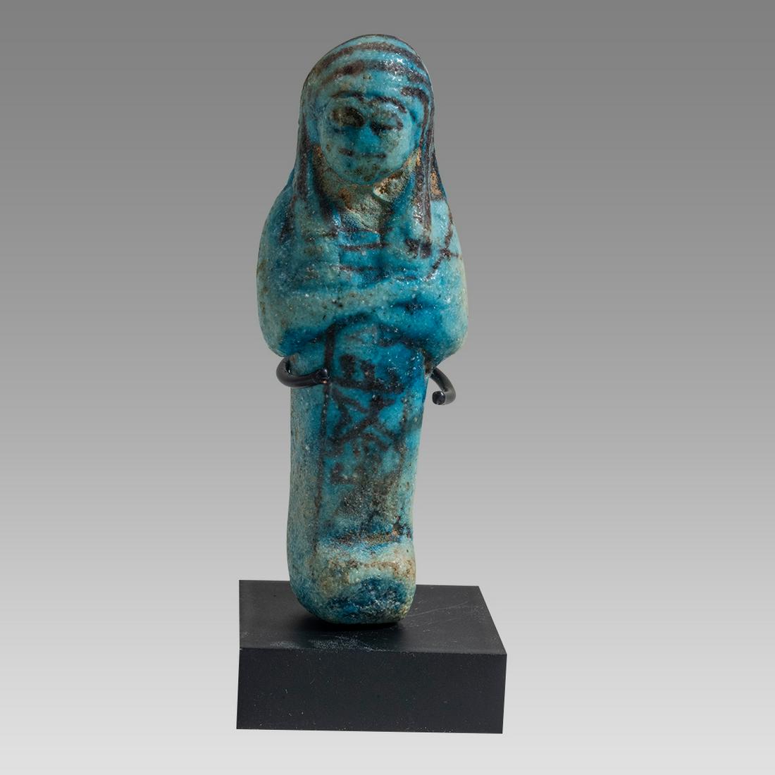 Ancient Egyptian Ushabti, Light-Medium Blue Faience with black painted hieroglyphs and facial (1 of 3)