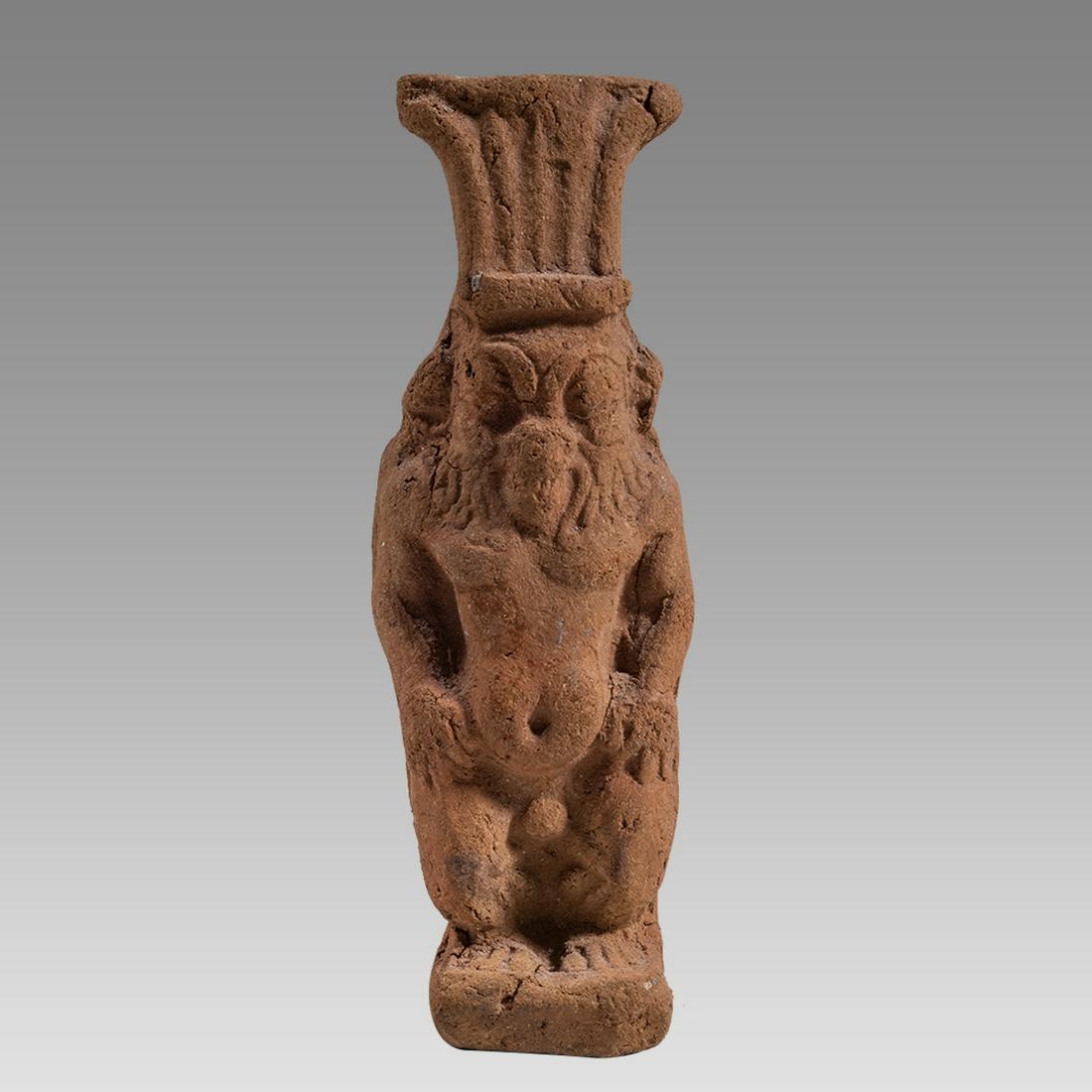 Ancient Roman Egyptian Terracotta Bes wearing feathered headdress c.1st-2nd century AD.: Ancient Roman Egyptian Terracotta Bes wearing feathered headdress c.1st-2nd century AD. Size 2 5/8 inches high. Reference: Jutta Fischer Griechisch-Romische Terrakotten Aus Agypten #551. Provenance: e