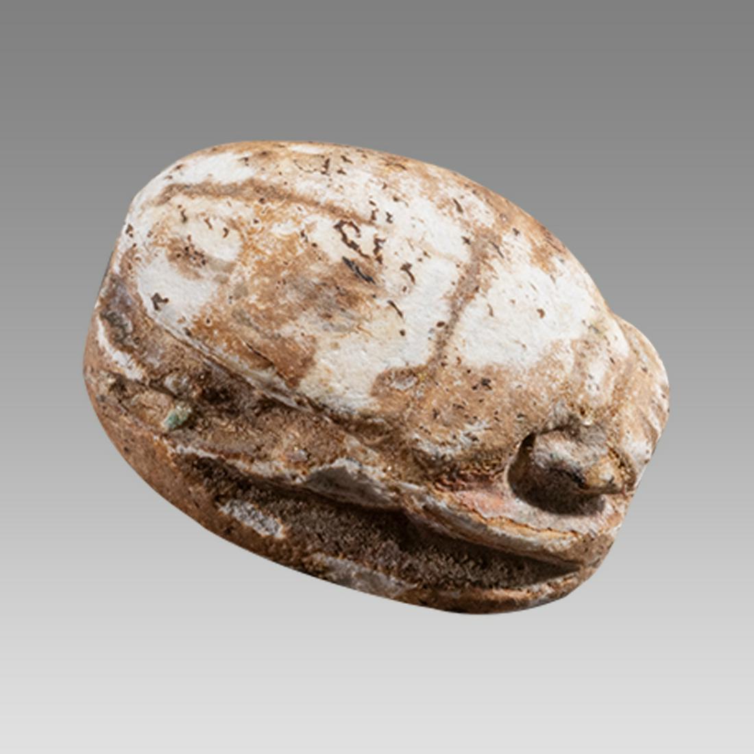 Ancient Egyptian Steatite stone Scarab c.1500-1100 BCE.: Ancient Egyptian Steatite stone Scarab c.1500-1100 BCE. Size 14 x 11 mm. A steatite scarab New Kingdom with stealized beatle back. Provenance: Ex Secret Eyes Gallery New York 1970's-1980's