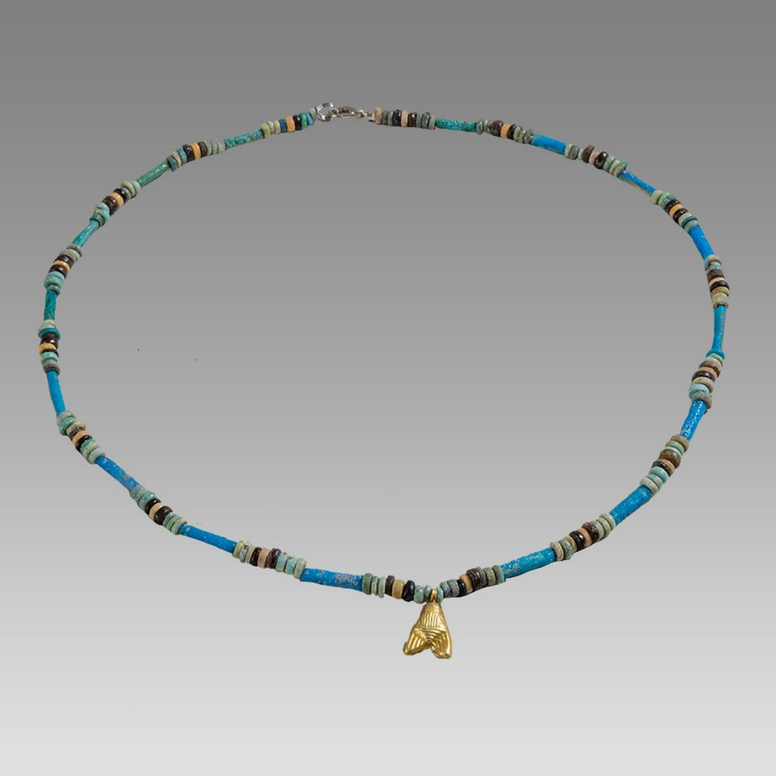 Ancient Egyptian Faience, Bead Necklace with Gold Bee Amulet c.300-50 BC. (1 of 1)