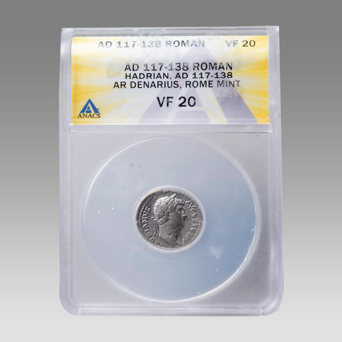 Ancient Roman Silver Denarius Hadrian 117-138 AD. ANACS Certified. Very Fine 20 condition. (1 of 2)