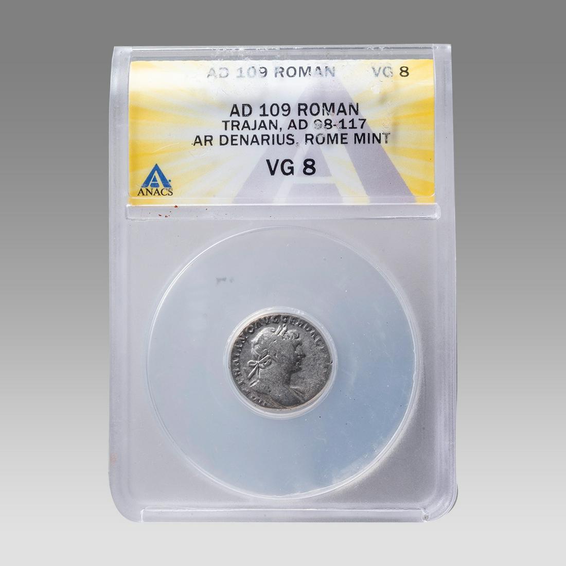 Ancient Roman Silver Denarius Trajan 104-107 AD. ANACS Certified. VG 8 condition (1 of 2)