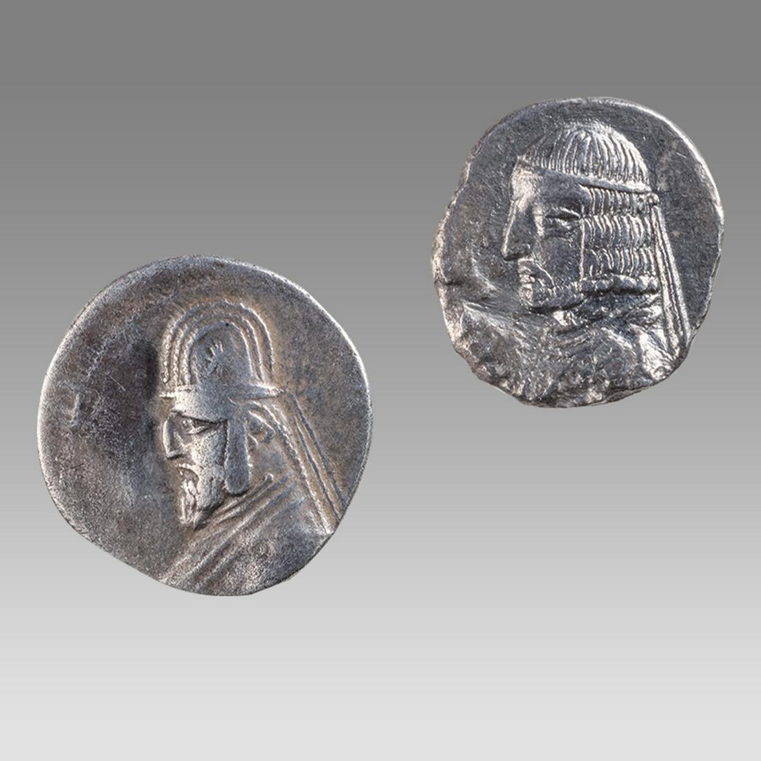 KINGS of PARTHIA. Orodes I 85 BC. Silver Drachms (2).: KINGS of PARTHIA. Orodes I 85 BC. Silver Drachms (2). Size 18-20 mm, weight 3.1-4.0 grams. Lot of 2 Orodes I. Circa 85 BC. Silver Drachms. PERSIA, PARTHIAN EMPIRE ORODES I,c. 90-80 BC AR SILVER DRACHM