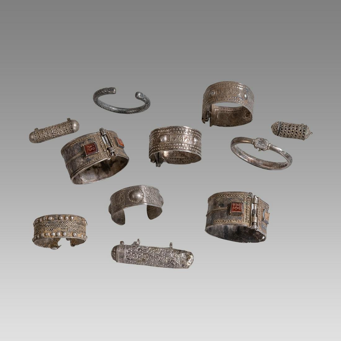 Lot of 11 Islamic Turkmenistan Silver Bracelets and Amulets c.19th century. (1 of 2)
