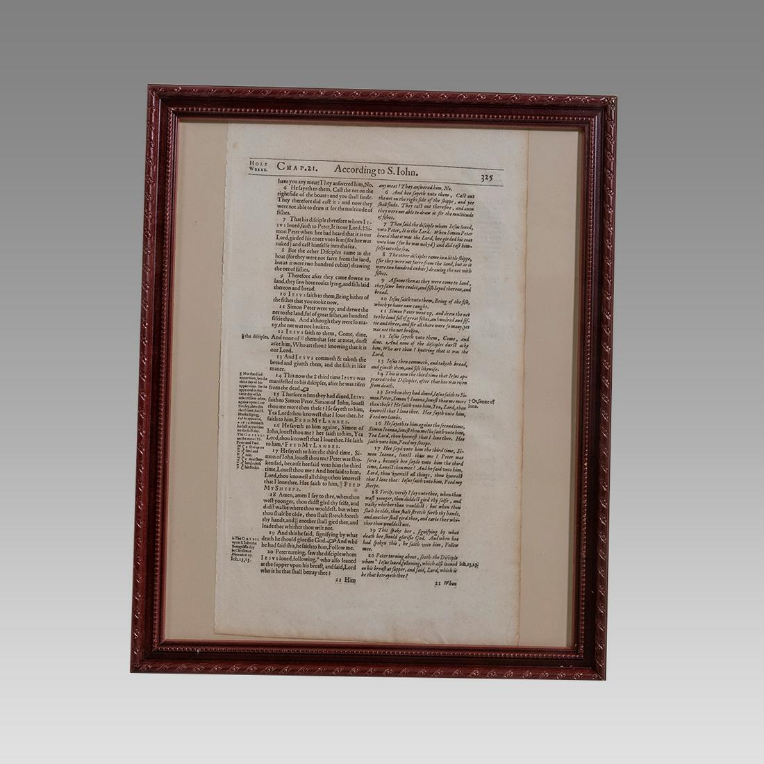 Bible Page 2 Translations The Catholic Rheims text on the left and Protestant text on the right.: Bible Page 2 Translations The Catholic Rheims text on the left and Protestant text on the right. London,1617. Size of page 13 1/2 x 8 inches. Framed.