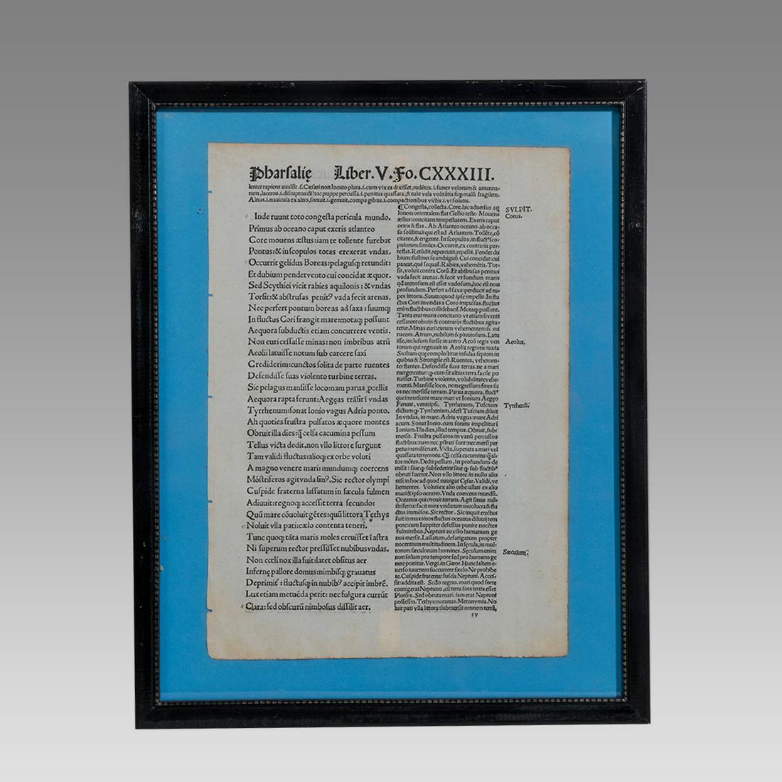 Roman Civil Wars. M.Annei Lucani Pharsalia. Early prinitng og Lucans Pharsalia.: Roman Civil Wars. M.Annei Lucani Pharsalia. Early prinitng og Lucans Pharsalia. Text In Latin is about Roman Civil wars.Paris 1514. Size of page 11 3/4 x 8 3/8 inches. + Frame