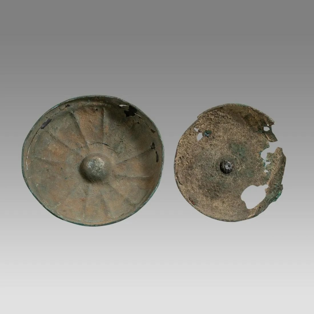 Lot of 2 Ancient Near Eastern Luristan Bronze Phiale Bowls c.8th century BC.: Lot of 2 Ancient Near Eastern Luristan Bronze Phiale Bowls c.8th century BC. Size 5 3/8 - 6 1/4 inches diameter x 1 1/2 - 2 inches high. Lot of 2 Ancient Near Eastern Luristan Bronze Phiale bowls. lov