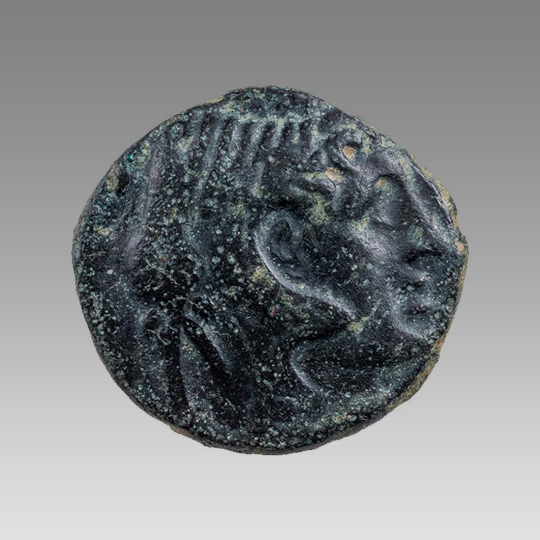 Ancient Egypt Ptolemy I Bronze Coin AE 18 c.305 BC.: Ancient Egypt Ptolemy I Bronze Coin AE 18 c.305 BC. Diademed head of Alexander the Great right, wearing horn of Ammon, hair long. Reverse: PTOLEMAIOU BASILEWS, eagle standing left, wings open, symbols