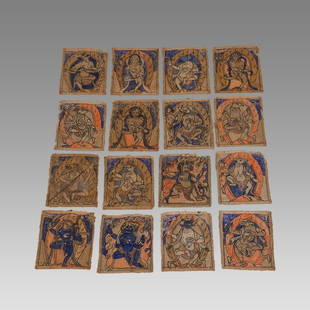 16 Piece set of Tibetian Tsakali Cards On Cloth, depicting a deity.: 16 Piece set of Tibetian Tsakali Cards On Cloth, depicting a deity c.14th-15th century. Size 3 3/8 x 3 inches. All decorated with deity. From a Detriot MI Collection.