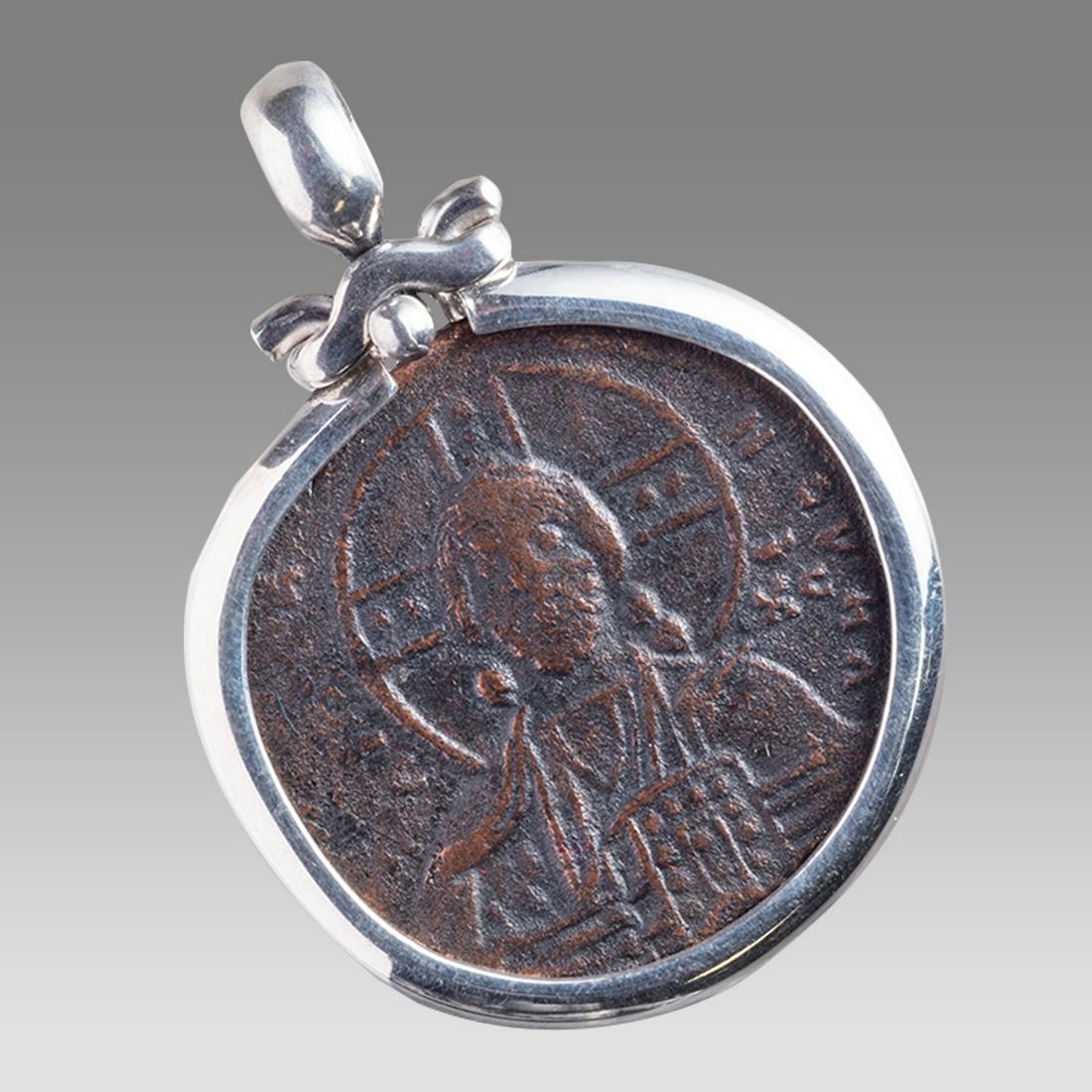 Ancient Byzantine Bronze coin set in Silver Pendant c.10th century AD. (1 of 2)