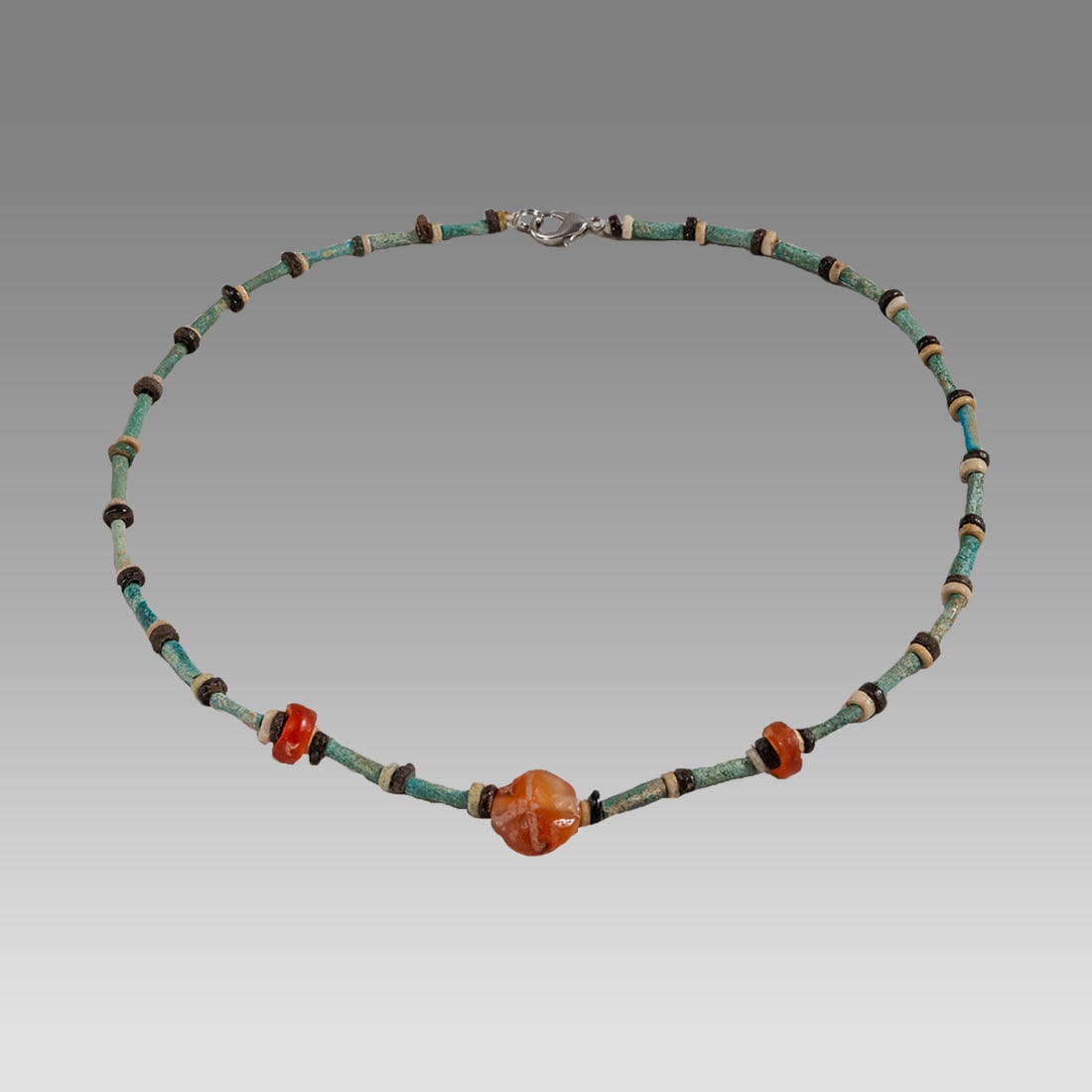 Ancient Egyptian Faience, Bead Necklace c.300-50 BC.: Ancient Egyptian Faience, Bead Necklace c.300-50 BC. Size 17 3/4 inches length. Great Looking single strand Faience Bead necklace with Agate beads. wearable. Provenance: Ex Secret Eyes Gallery New Yor