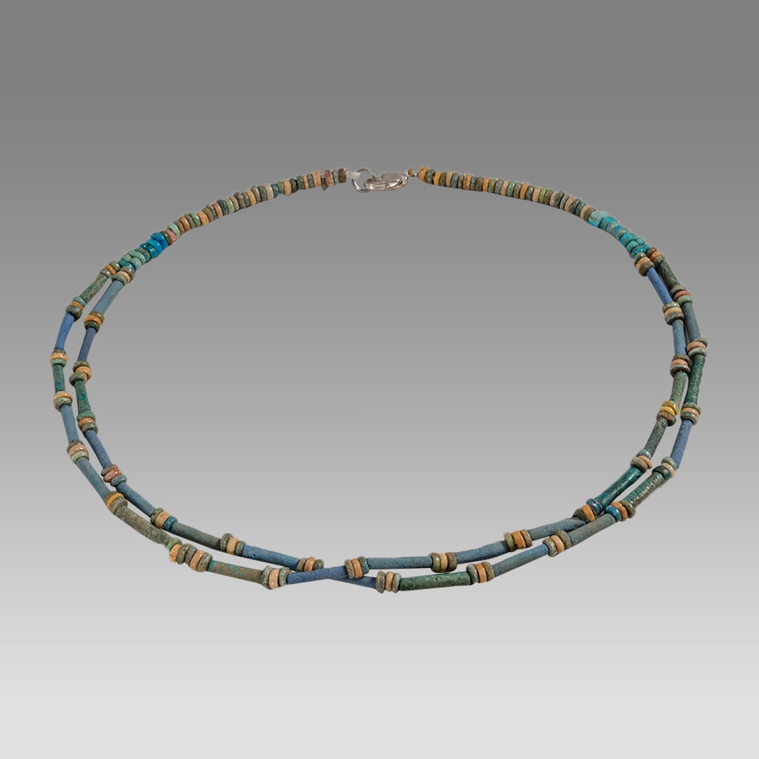 Ancient Egyptian Faience, Bead Necklace c.300-50 BC.: Ancient Egyptian Faience, Bead Necklace c.300-50 BC. Size 16 3/4 inches length. Great Looking double strand Faience Bead necklace. wearable. Provenance: Ex Secret Eyes Gallery New York 1970's-1980's