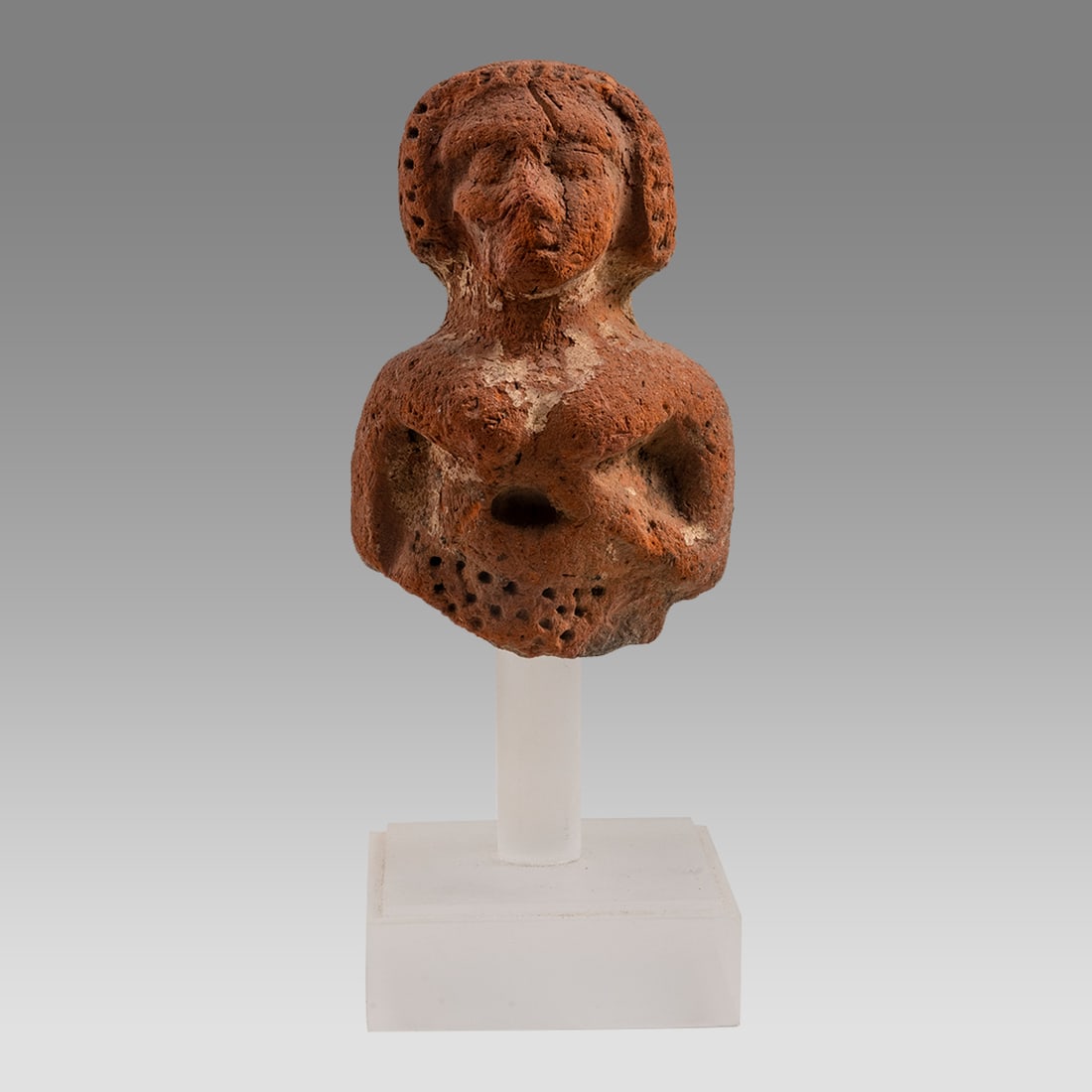 ANCIENT Holy Land Fertility goddess Bronze Age c.2000 B.C.: ANCIENT Holy Land Fertility goddess Bronze Age c.2000 B.C. Size 3 1/2 inches high + stand. Rare Bronze age terracotta fertility goddess from Ashkalon, with Egyptian influence. Provenance: Ex David Hen