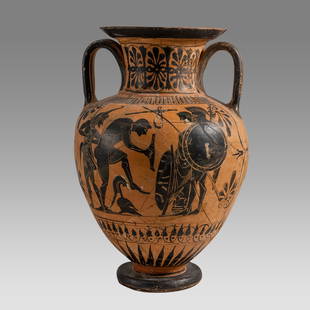 Ancient Greek, Attic Black-Figure Amphora c.6th century BC.: Ancient Greek, Attic Black-Figure Amphora c.6th century BC. Size 12 inches high. Rare black-figure footed amphora with twin strap handles depicting four Greek warriors battling wearing helmets shield,