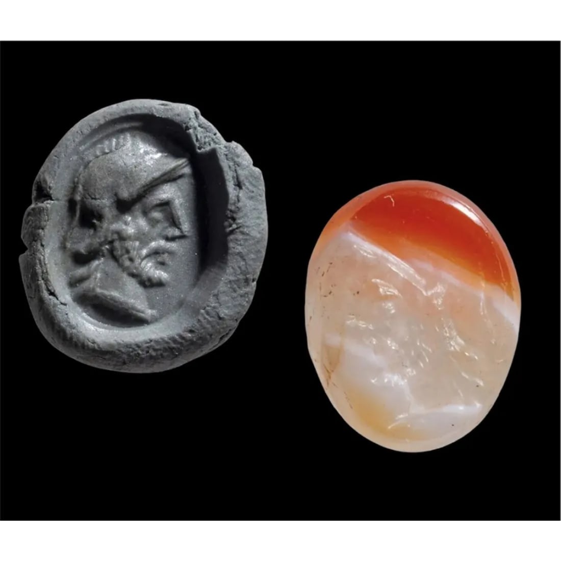 Ancient Roman, Banded Agate Intaglio c.1st-2nd century AD.: Ancient Roman, Banded Agate Intaglio c.1st-2nd century AD. Size 15.64 x 12.56 mm. Unusual Fine carved banded agate Intaglio with bevelled edges. On face head of bearded Ares wearng Roman Helmet. Ashmo