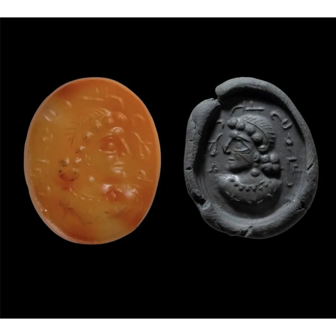Ancient Sasanian, Carnelian Intaglio c.5th century AD.: Ancient Sasanian, Carnelian Intaglio c.5th century AD. Size 20 mm. Fine carved Carnelian Intaglio with bust of a young man facing left. The man is diademed and wears his hair in a bun in the back of h