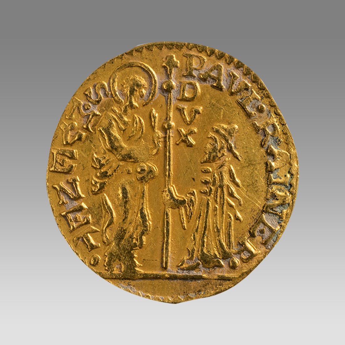 ITALY, Venezia (Venice). Paolo Renier. 1779-1789. Gold Zecchino (21mm, 3.50 g, 7h).: ITALY, Venezia (Venice). Paolo Renier. 1779-1789. Gold Zecchino (21mm, 3.50 g, 7h). Saint Mark standing right, blessing Doge kneeling left and holding cross-tipped staff / Christ standing facing, rais