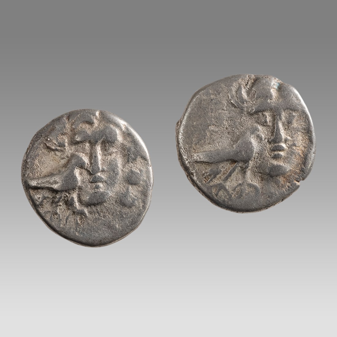 Lot of 2 Ancient Greek Caria, Mylase Silver Drachms c.170-130 BC.: Lot of 2 Ancient Greek Caria, Mylase Silver Drachms c.170-130 BC. Size 14-14 mm. weight 2.41 - 2.34 grams. VF. Silver Drachm head of Helios facing; bird at cheek to left/ Rose with bud to right.