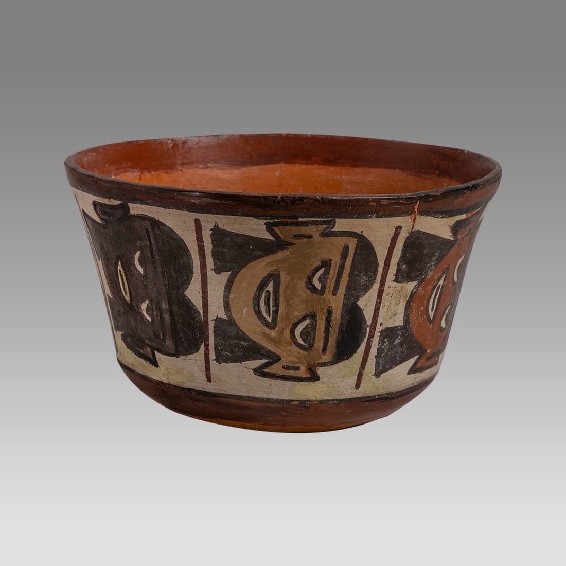 Nazca Polvchrome Bowl c. 2 0 0 - 6 0 0 AD.: Nazca Polvchrome Bowl c. 2 0 0 - 6 0 0 AD. Size 6 1/4 inches diameter, 4 inches high. Provenance: Estate of David Sheridan, Branchburg, NJ., acquired 1950's . descent to family. Private Arizona collec