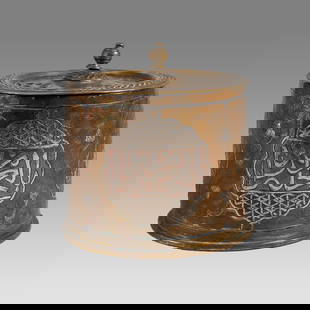 Antique Syrian Mamluk Revival Silver Inlaid on Copper incense burner.: Antique Syrian Mamluk Revival Silver Inlaid on Copper incense burner. Size 4 1/4 inches high, 4 1/2 inches diameter. Fine Silver inlaid with Arabis and floral design over copper incense burner, the li