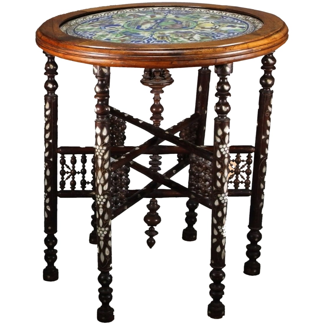 Islamic Persian Qajar Large Ceramic Tile With Wood Table c.19th century AD.: Islamic Persian Qajar Large Ceramic Tile With Wood Table c.19th century AD. Size of tile 22 inches diameter, Table 3 feet high. Unusual round ceramic large tile set in a Syrian Antique table.
