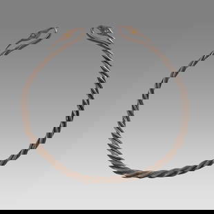 Ancient Greek Thracian Silver Torque c.2nd century BC.: Ancient Greek Thracian Silver Torque c.2nd century BC. Size 4 3/4 inches wide. Rare solid silver twisted torque with Crane heads, with gold eyes inlay. Choice patina. Provenance: Private NYC Dr Collec