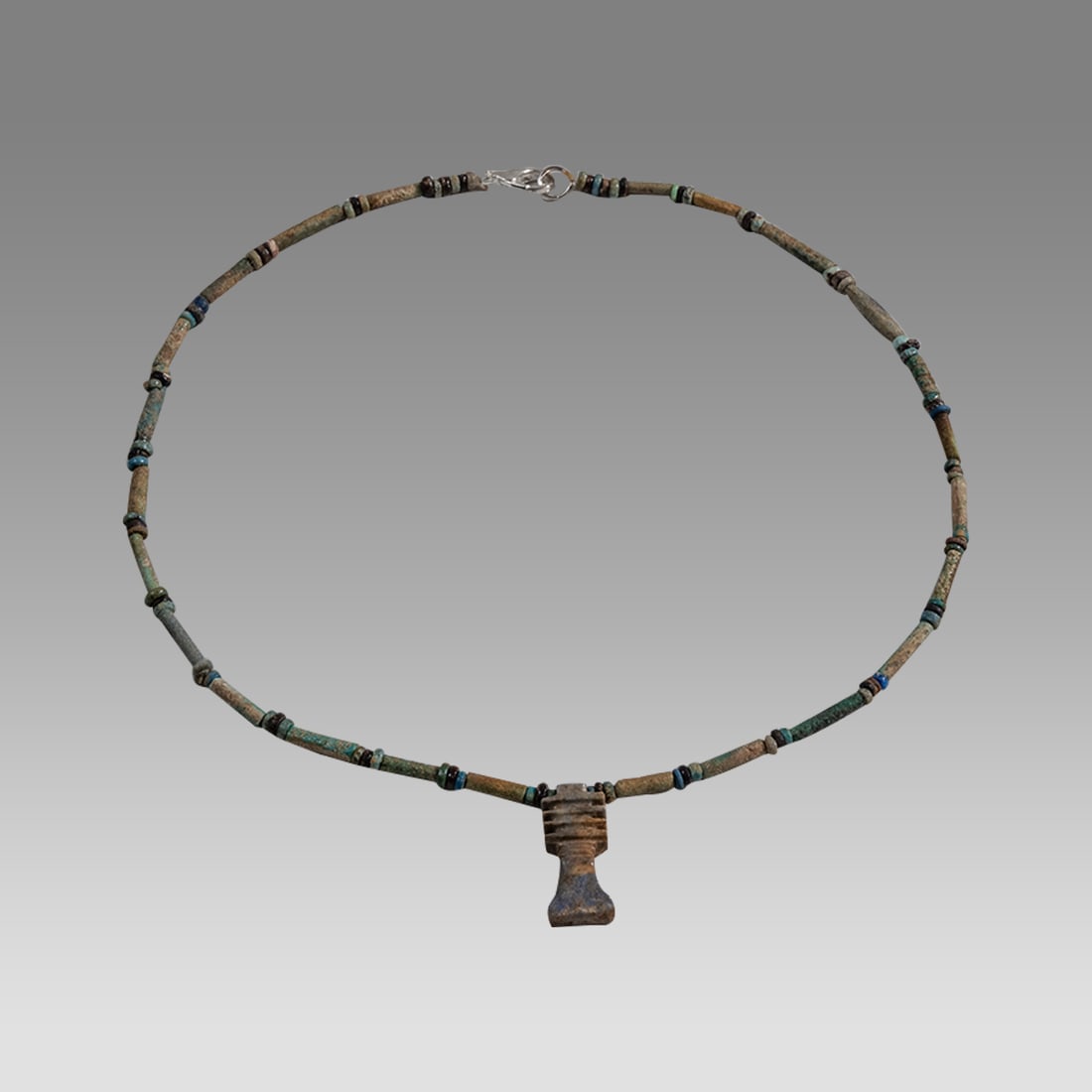 Ancient Egyptian Faience, Bead Necklace With Amulet c.300-50 BC.: Ancient Egyptian Faience, Bead Necklace With Amulet c.300-50 BC. Size 16 5/8 inches length. Great Looking single strand Faience Bead necklace with Djed Pillar amulet. wearable. Provenance: Ex Secret E