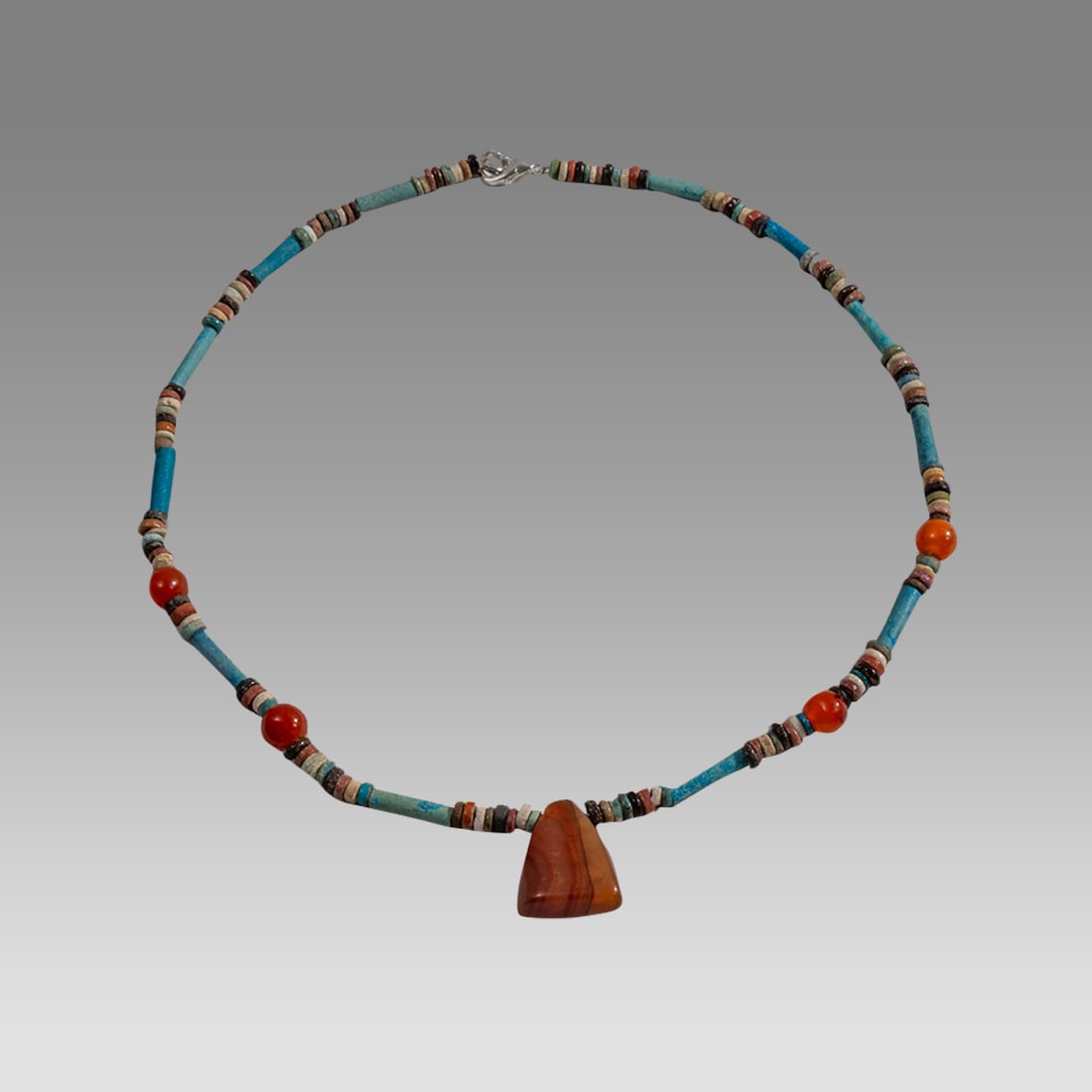 Ancient Egyptian Faience, Bead Necklace c.300-50 BC.: Ancient Egyptian Faience, Bead Necklace c.300-50 BC. Size 18 1/4 inches length. Great Looking single strand Faience Bead necklace with Agate beads. wearable. Provenance: Ex Secret Eyes Gallery New Yor